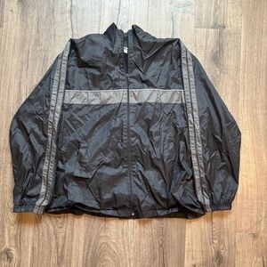 ATHLETIC WORKS Mens Windbreaker Large Black Grey Stripes Y2K Surf Full Zip